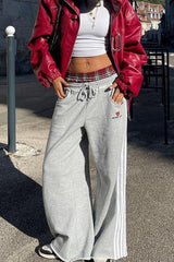Vintage Stripe Embroidery Relaxed Double Waist Pants