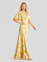Floral Print Satin Plunge-Neck Maxi Dress