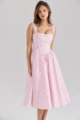 pink rose print stretch cotton corset midi dress