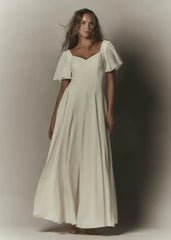 French Gentle Style White Butterfly Sleeve V-Neck Backless Waist-Cinched Flowy Maxi Dress