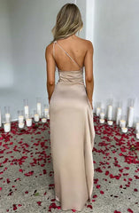 One Shoulder Ruched Satin High Slit Floor Length Maxi Gown