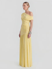 Asymmetric-Neck Maxi Dress With Ruched Detailing