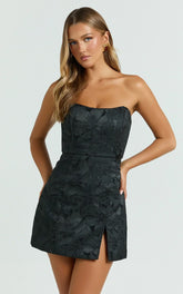 Brailey Mini Dress Strapless Dress in Black Jacquard