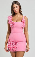 Emmy Mini Dress - Rosette Detail Fitted Dress in Bubblegum Pink