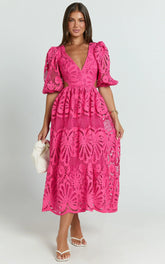 Anieshaya Midi Dress - V Neck Cut Out Lace Dress in Pink