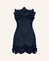 Orchid Trim Strapless Mini Dress - Dark Blue
