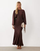 Cape Kimono Sleeve Maxi Dress With Godets And Tassel Tie Detail In Chocolate