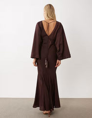 Cape Kimono Sleeve Maxi Dress With Godets And Tassel Tie Detail In Chocolate