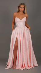 POSIE - Light pink Formal Dress, Strapless Basque waist Corset Beaded Bra Cups, Satin embossed floral Gown