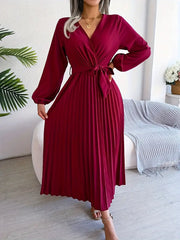 Bishop Sleeve Accordion-Pleated Wrap V-Neck Belted Maxi Dress