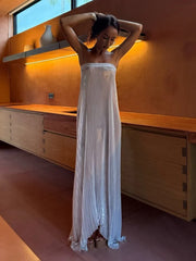 Silver Metallic Pleated Strapless Maxi Dress